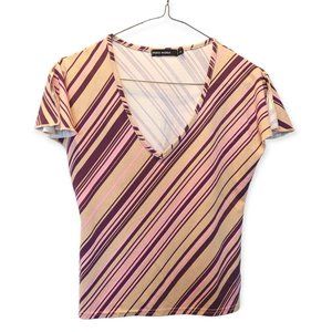 Vintage Vera Moda Women's Y2K T-Shirt Size Small V Neck Stripes Beige Pink